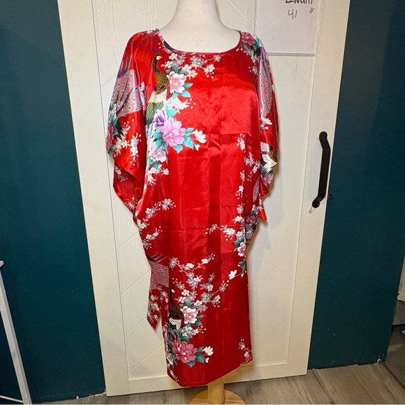Other - Cool Art Red Satin Kaftan Loungewear Peacock Floral Kimono Maxi Dress Boho Mumu